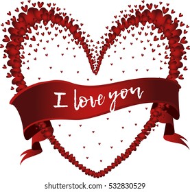 I love you. Hand drawn vector card with red heart and ribbon. Valentines Day.