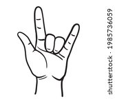 I love you hand gesture. Black linear realistic illustration of a human hand isolated on the white background. Symbol of rock and coolness. Vector. Icon
