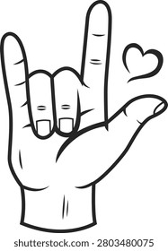 love you hand gesture line art vector. American sign language (ASL) hand sign with heart symbol illustration.