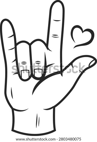 love you hand gesture line art vector. American sign language (ASL) hand sign with heart symbol illustration.