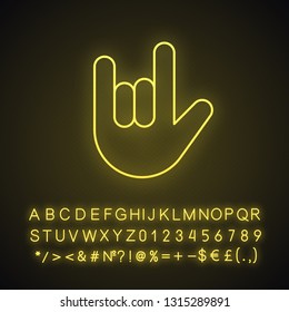 Love You Hand Gesture Neon Light Icon. Rock On. Horns Emoji. Devil Fingers. Heavy Metal. Roll Sign. Glowing Sign With Alphabet, Numbers And Symbols. Vector Isolated Illustration