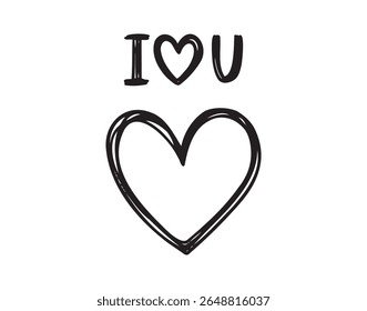 Eu amo você manuscrito doodle frase ou citação com estilo de arte da linha do coração. Decoração para cartão postal, Dia dos Namorados, romance. Letras bonitas. Ilustração vetorial