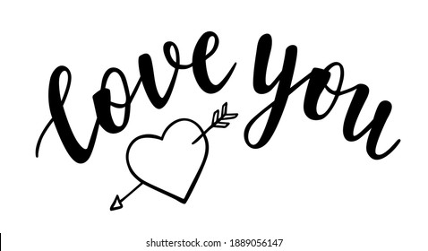 Love you hand lettering with a broken heart doodle. St.Valentines Day vector for cards, banners, wrapping paper, posters, scrapbooking, pillow, cups and fabric design. 