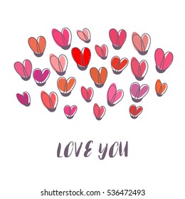 'Love you' hand lettering calligraphy quote and cute hearts on white background. Valentines day card design