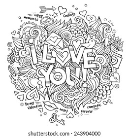 I Love You hand lettering and doodles elements Vector illustration