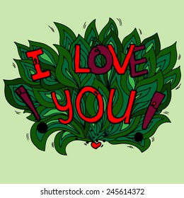 I Love You hand lettering and doodles elements Vector illustration. Drawing vector Greeting card of heart
