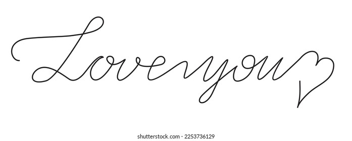 Love you. Hand lettering inscription positive quote, calligraphy. One line calligraphy. Abstract love symbol. Heart. Continuous line art drawing vector illustration.