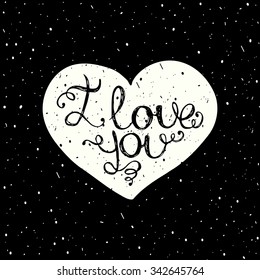 I love you with hand lettering on the heart. Hand drawn typography card. The heart with hand lettering quote. Vector illustration.