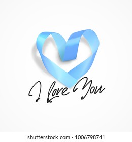 I Love You hand lettering, text handmade calligraphy. Heart made of blue ribbon