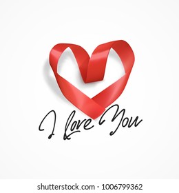 I Love You hand lettering, text handmade calligraphy. Heart made of red ribbon