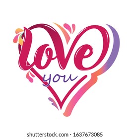 Love you hand lettering text and heart shaped V letter. Modern brush calligraphy. Hand drawn colorful illustration for card, logo. Wedding. St. Valentine's Day. Isolated on white background. Vector