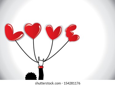 I Love you hand sign expression by boy in love with red glossy flying balloons in the shape of love text : concept design vector illustration art