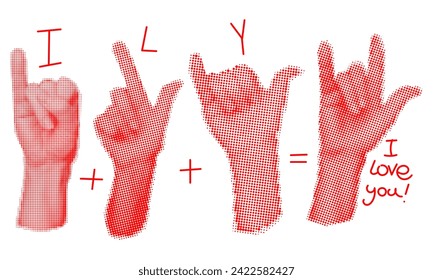 I love You hand sign in grunge dot style. Hand designation Folded different symbols are folded as a sign of love. Hands up. A postcard for lovers on a white background. Red dots collected