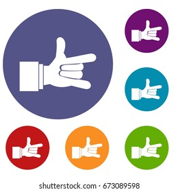I Love You hand sign icons set in flat circle reb, blue and green color for web