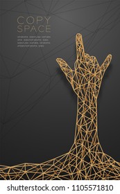 I love you Hand sign language shape back view wireframe Polygon golden frame structure, valentine concept design illustration isolated on black gradient background with copy space, vector eps 10