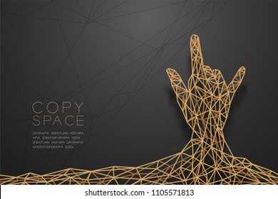 I love you Hand sign language shape back view wireframe Polygon golden frame structure, valentine concept design illustration isolated on black gradient background with copy space, vector eps 10
