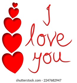 I love you, hand written illustration in red with hearts, isolated on background 