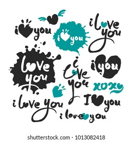 I love you. Hand written ink and brush calligraphy lettering set for Valentines Day cards and prints. Black on white background. Clipping paths included.  