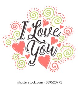 I Love You hand written logotype, badge typography icon. Lettering love with hearts for greeting card, invitation template. Retro, vintage lettering banner poster template background