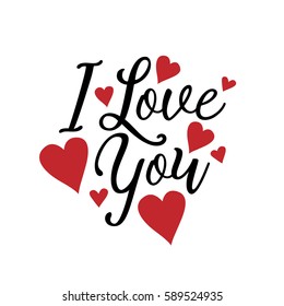 I Love You hand written logotype, badge typography icon. Lettering love with hearts for greeting card, invitation template. Retro, vintage lettering banner poster template background