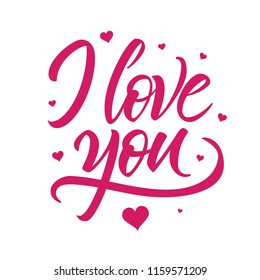 I Love You hand writtend lettering card with hearts isolated on white background.