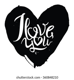 I love you - handdrawn calligraphic lettering. Vector illustration of the heart. Unique typography.