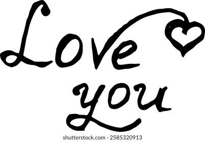 love you handwritten calligraphic lettering with heart for postcard