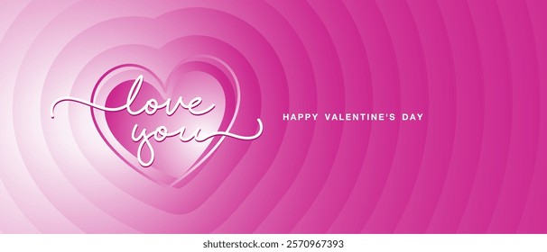 Love You handwritten calligraphy lettering heart pink magenta blend shape in landscape composition background. Valentine's Day, wedding, love luxury decoration background