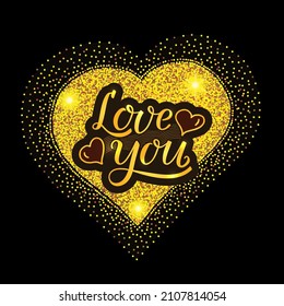 Love you handwritten lettering with two hand drawn red hearts and wavy lines connecting them. Modern brush calligraphy. Golden text on large gold glitter heart on a black background. 