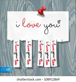 I love you - handwritten on advertisement with cut slips, vector Eps10 illustration.