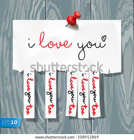 I love you - handwritten on advertisement with cut slips, vector Eps10 illustration.