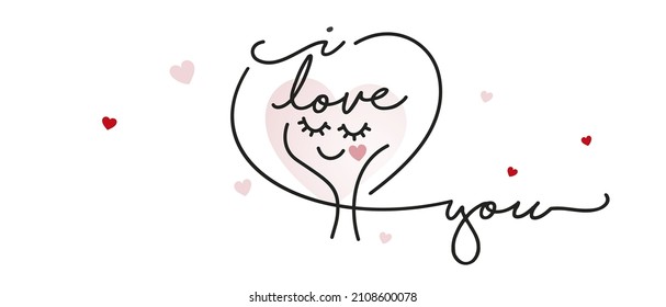 I love you handwritten typography inside cute line design in love girl face heart with some pink hearts Valentine's day greetings for banner social media background image and poster