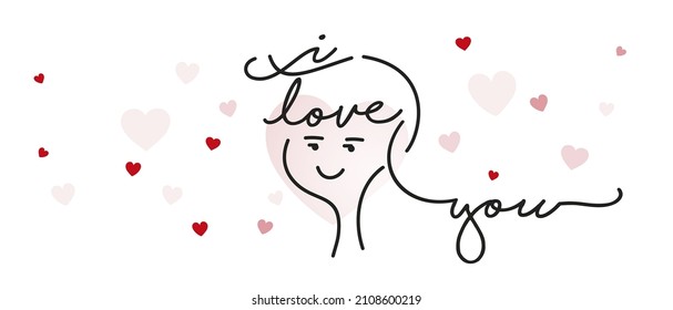 I love you handwritten typography inside cute line design in love boy face heart with some pink hearts Valentines day greetings for banner social media background image and poster