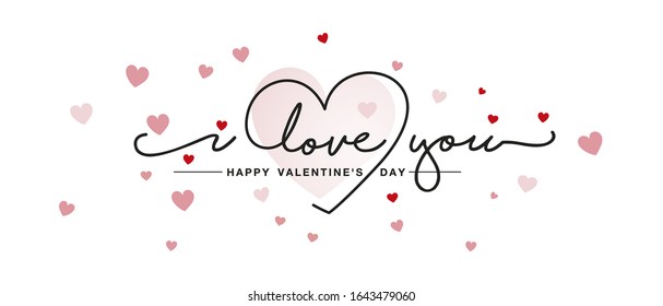 Love You handwritten typography lettering line design heart pink red hearts Valentine's Day greeting card