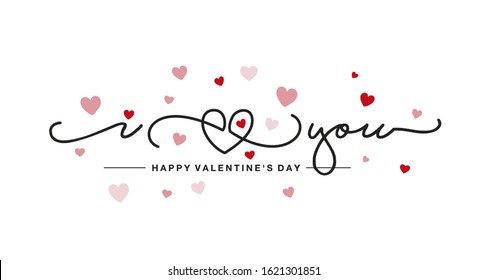 I love You handwritten typography line design heart pink red hearts Happy Valentine's Day greeting card