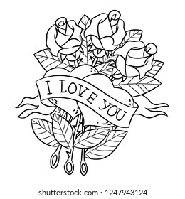 I love you. Happy valentine card. Dotted flower with heart and leaves decorative ornate. Cute floral elements in dotwork. Contour style for tattoo design.