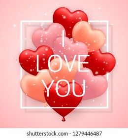 I Love You, Happy Valentines Day, red, pink and orange balloon in form of heart with ribbon vector image.