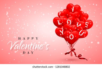 I Love You, Happy Valentines Day background, red balloon in form of heart with bow and ribbon. Vector illustration.
