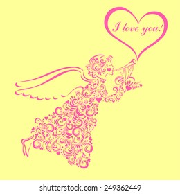 I love you! Happy Valentine's day! Celebration background with heart, angels and place for your text. Vector Illustration.