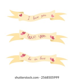I love you. Happy valentines day vintage ribbon decorations with hearts isolated on white background. Hand drawn vector illustration in flat style. Wedding, date, relationship, romantic greeting card