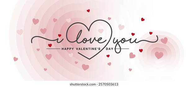 I Love You Happy Valentine's Day. Handwritten calligraphy lettering inside line drawing heart. Love Valentine and Wedding vibes on floating hearts abstract white pink background