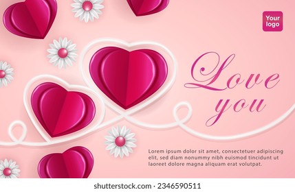 Love you. Heart fold elements, shining heart lines and 3d vector flowers. Suitable for Valentine day, love greetings, aniversary and advertising