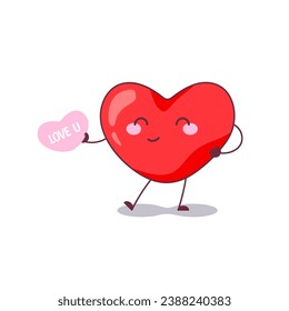 Love You Heart Mascot Icon. Vector Illustration of a Love Heart Character Holding a LOVE U Sign, Perfect for Lovely Invitation and Valentine's Greetings Card.
