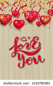 I Love You with heart on wood background with confetti. Handwritten lettering Love You as logo, badge, icon, patch, sticker. Vector illustration for St. Valentine's Day, greeting card, web.