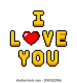 I love you with heart in pixel alphabet letters style isolated on white background. Vector illustration