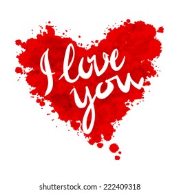 I love you, heart red background painted with watercolors vector card 