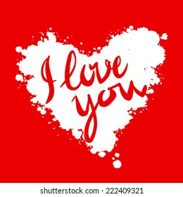 I love you, heart red background painted with watercolors vector card 