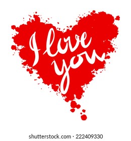 I love you, heart red background painted with watercolors vector card 