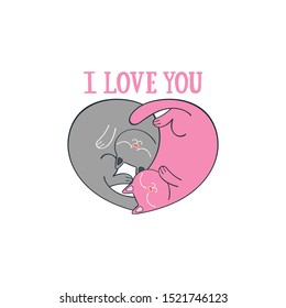 I love you. Heart shape. Two cute cats. Cartoon animals. Isolated vector object.