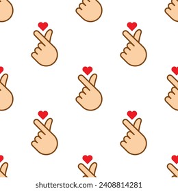 Love you heart sign seamless pattern. Korean finger heart from hands, fingers. Valentine day and expressions, romantic relationship. K-pop symbol. Vector